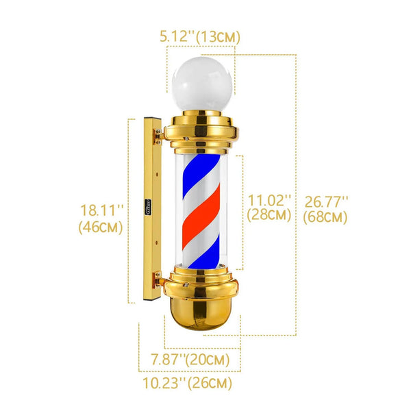 27 Inch Barber Pole Light IP54 Waterproof | Rotating LED Strip Salon Sign | Gold Wall Mounted Open Sign
