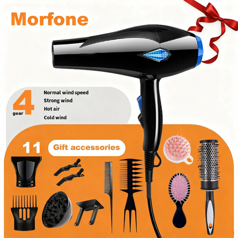 Professional Salon Hair Dryer Set 1200W | 12 Piece Kit Hot Cold Air | Wall Mount Hair Dryer Black